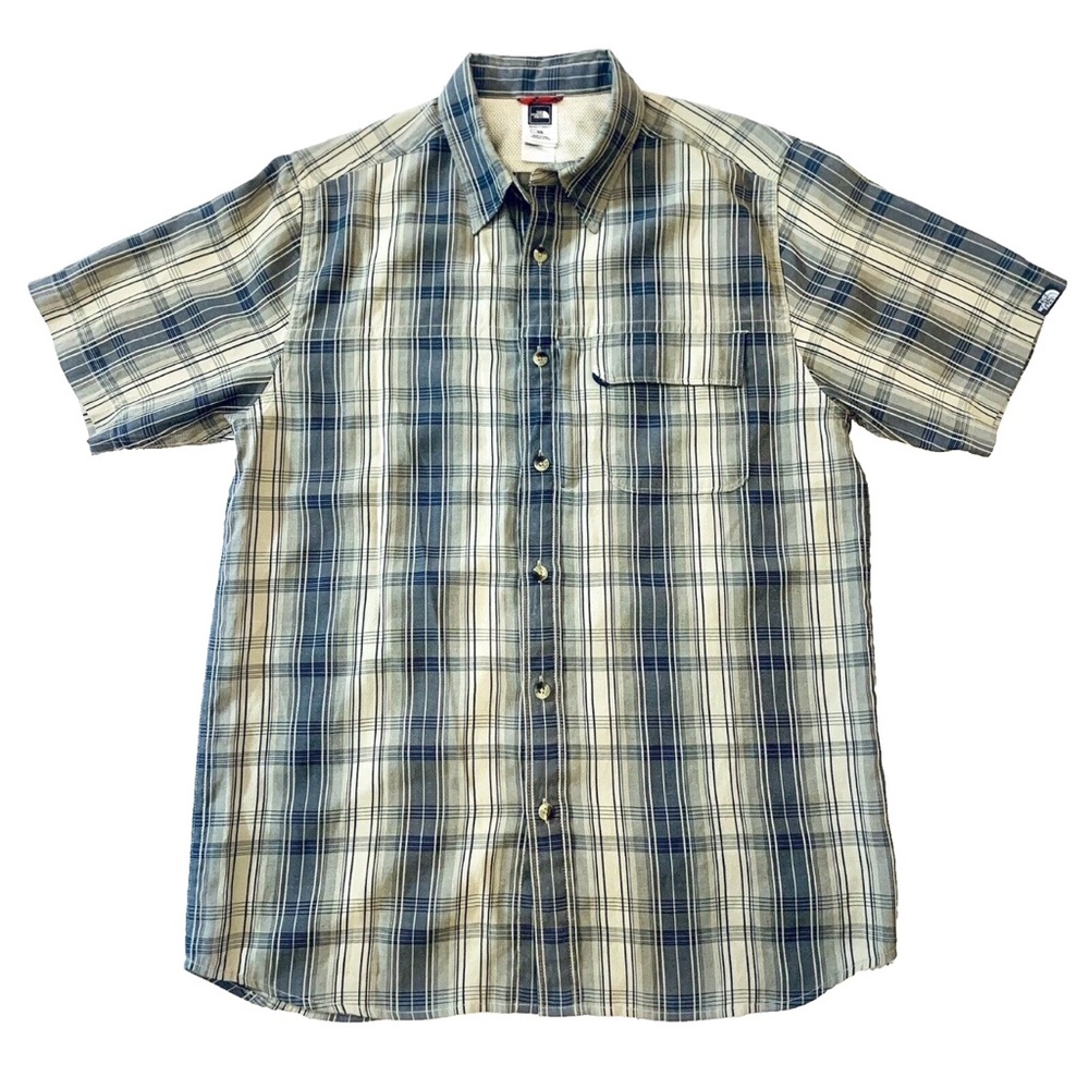 The North Face Mens Size M Casual Plaid Shirt Button Down Short Sleeve Black Tan